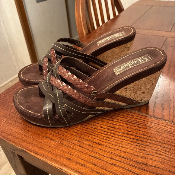 Skechers Shoes - Skechers Leather Cork Wedge Sandals Women’s 10 Chocolate Suede Shoes